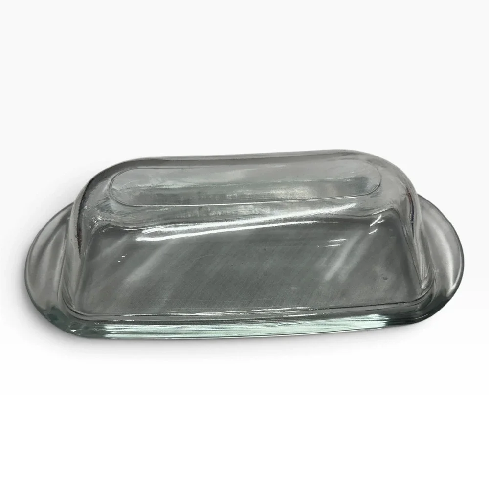 Clear Glass Butter Dish with Domed Lid and Rectangular Tray Kitchen Server